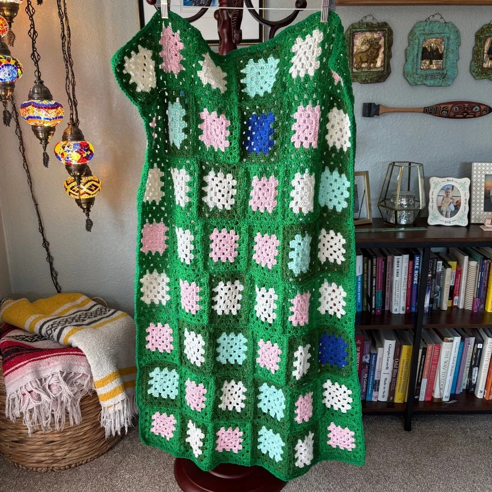 Handmade Crochet Granny Square Throw Blanket – Green‎ Floral Cottagecore